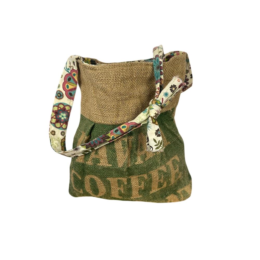 upcycled coffee sack tote bag handmade design burlap colorful fabric lining